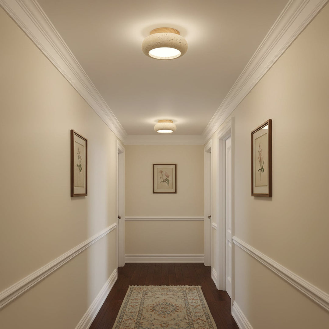 Travertine &amp; Wood LED Flush Mount Ceiling Light