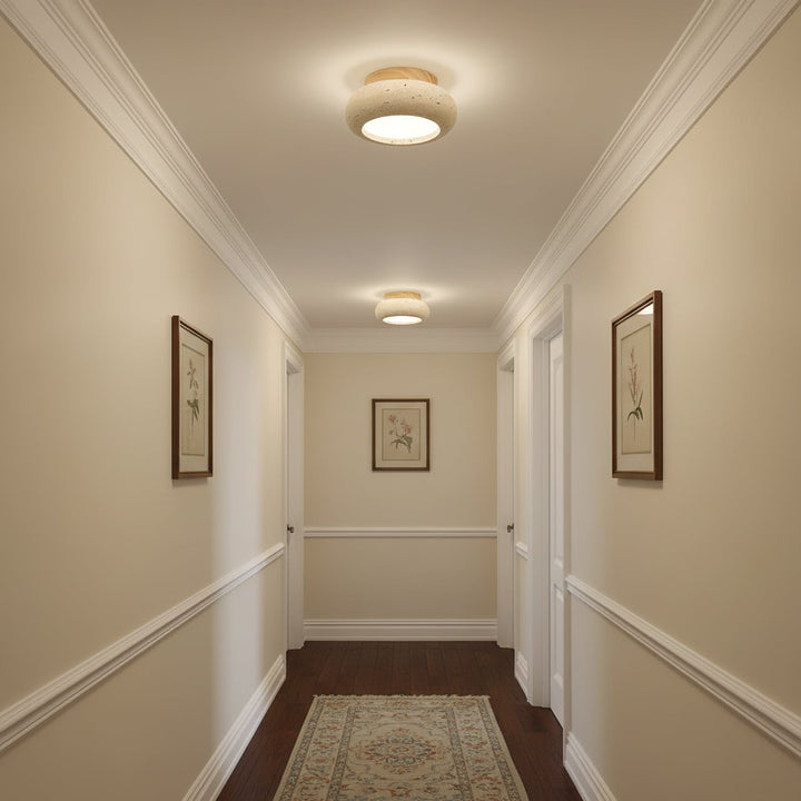 Travertine &amp; Wood LED Flush Mount Ceiling Light