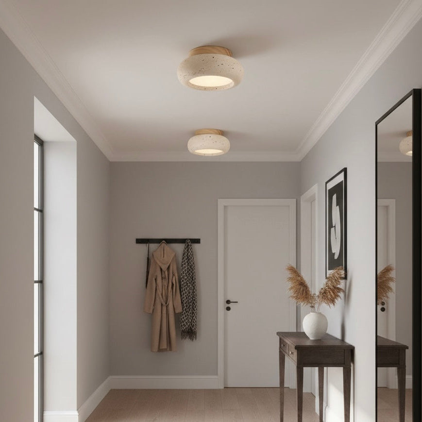 Travertine &amp; Wood LED Flush Mount Ceiling Light