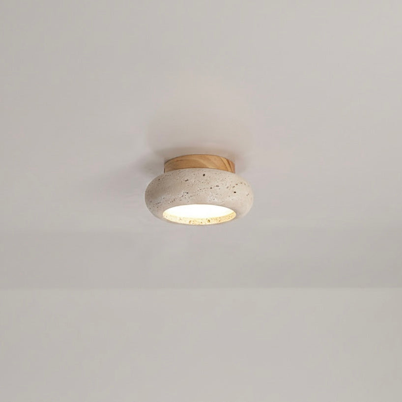 Travertine &amp; Wood LED Flush Mount Ceiling Light