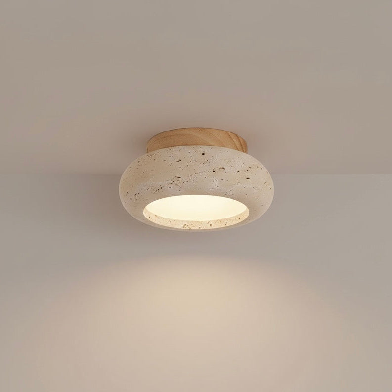 Travertine &amp; Wood LED Flush Mount Ceiling Light