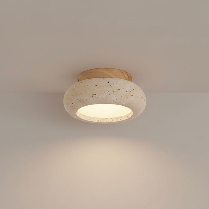 Travertine &amp; Wood LED Flush Mount Ceiling Light