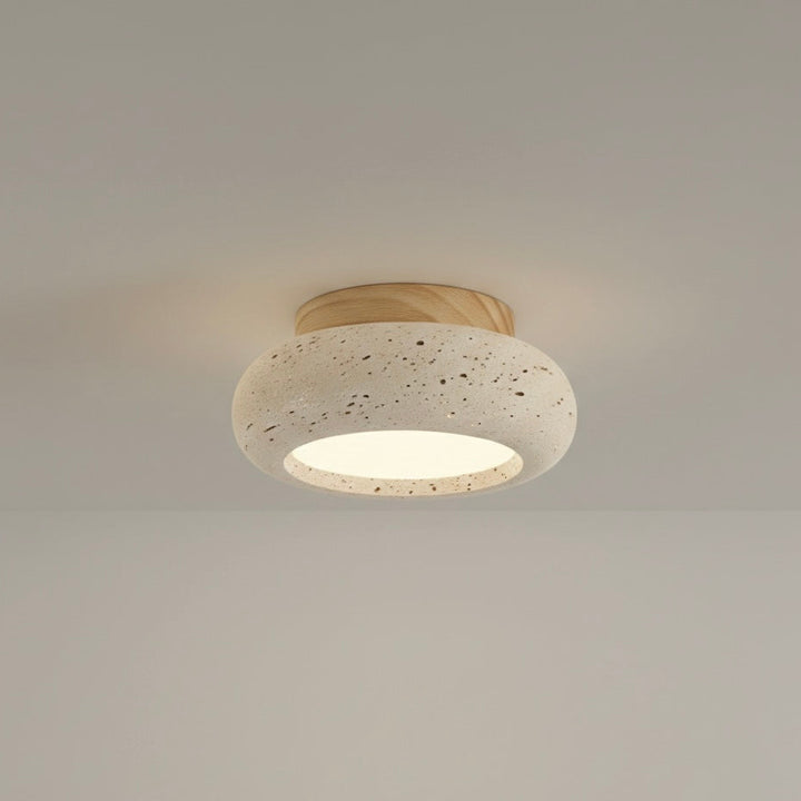 Travertine &amp; Wood LED Flush Mount Ceiling Light