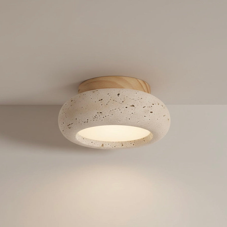 Travertine &amp; Wood LED Flush Mount Ceiling Light