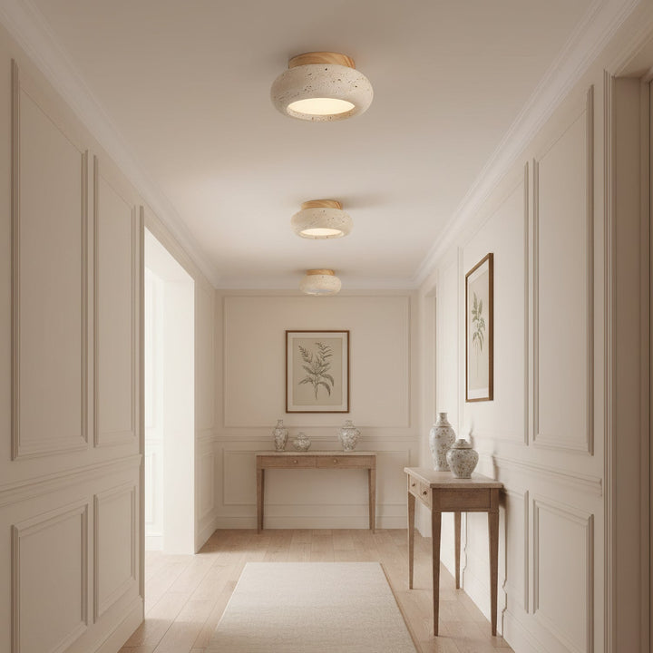 Travertine &amp; Wood LED Flush Mount Ceiling Light