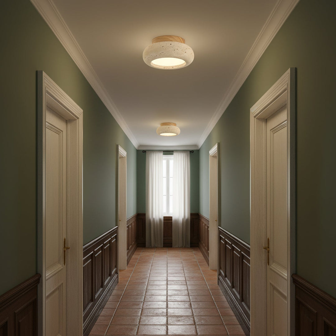 Travertine &amp; Wood LED Flush Mount Ceiling Light