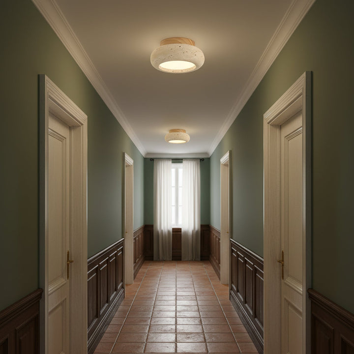 Travertine &amp; Wood LED Flush Mount Ceiling Light