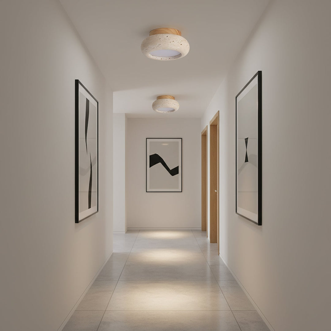 Travertine &amp; Wood LED Flush Mount Ceiling Light
