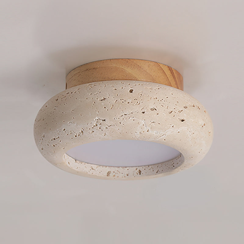 Travertine &amp; Wood LED Flush Mount Ceiling Light