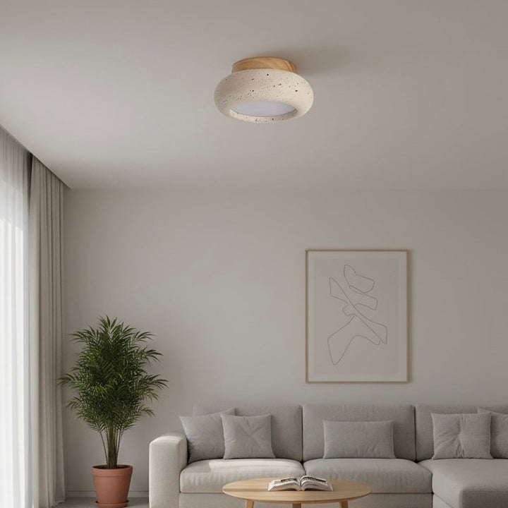 Travertine &amp; Wood LED Flush Mount Ceiling Light