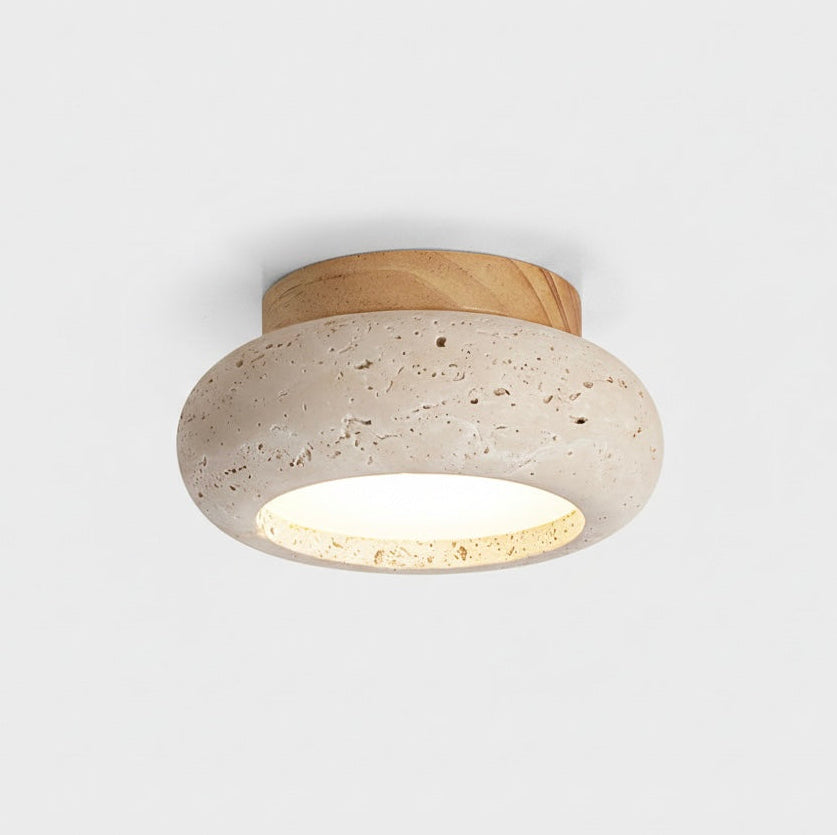 Travertine &amp; Wood LED Flush Mount Ceiling Light