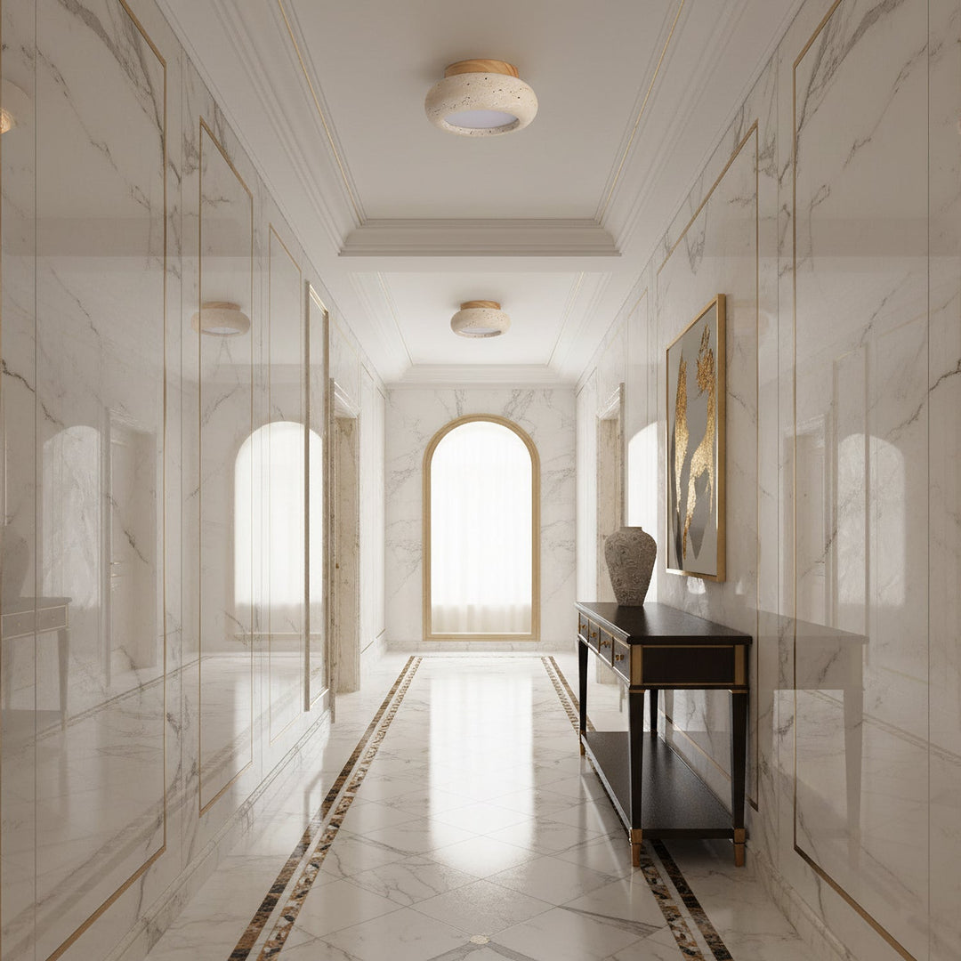 Travertine &amp; Wood LED Flush Mount Ceiling Light