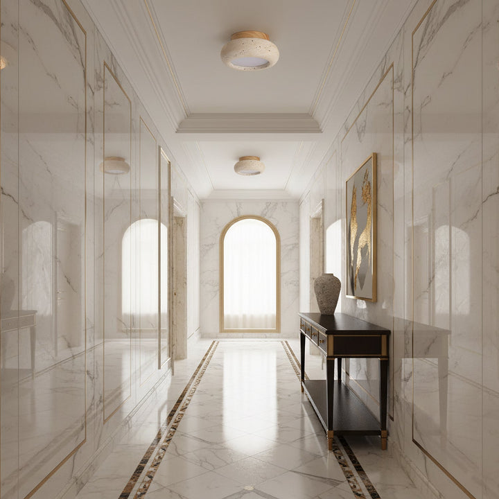 Travertine &amp; Wood LED Flush Mount Ceiling Light