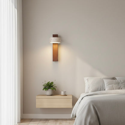 TravertineGlow indoor wall sconce featuring natural travertine stone and angled wooden beam.
