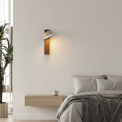 TravertineGlow indoor wall sconce featuring natural travertine stone and angled wooden beam.