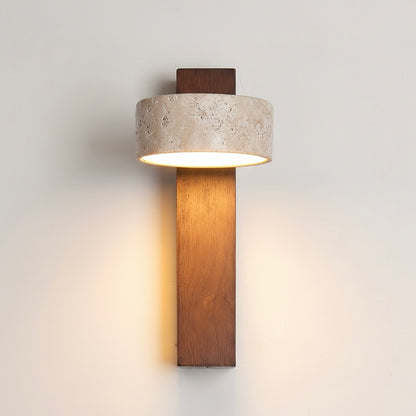 TravertineGlow indoor wall sconce featuring natural travertine stone and angled wooden beam.
