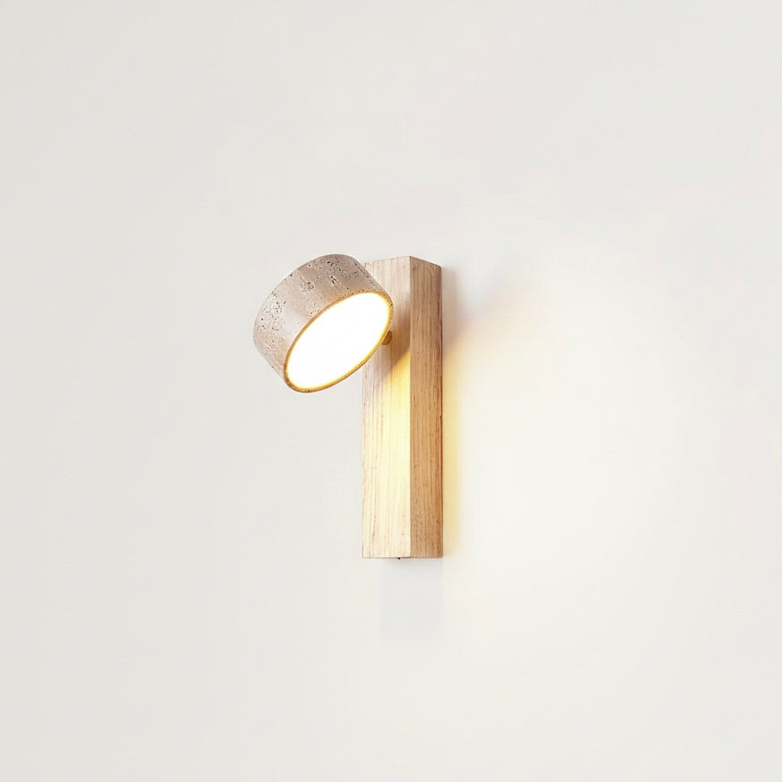 TravertineGlow indoor wall sconce featuring natural travertine stone and angled wooden beam.