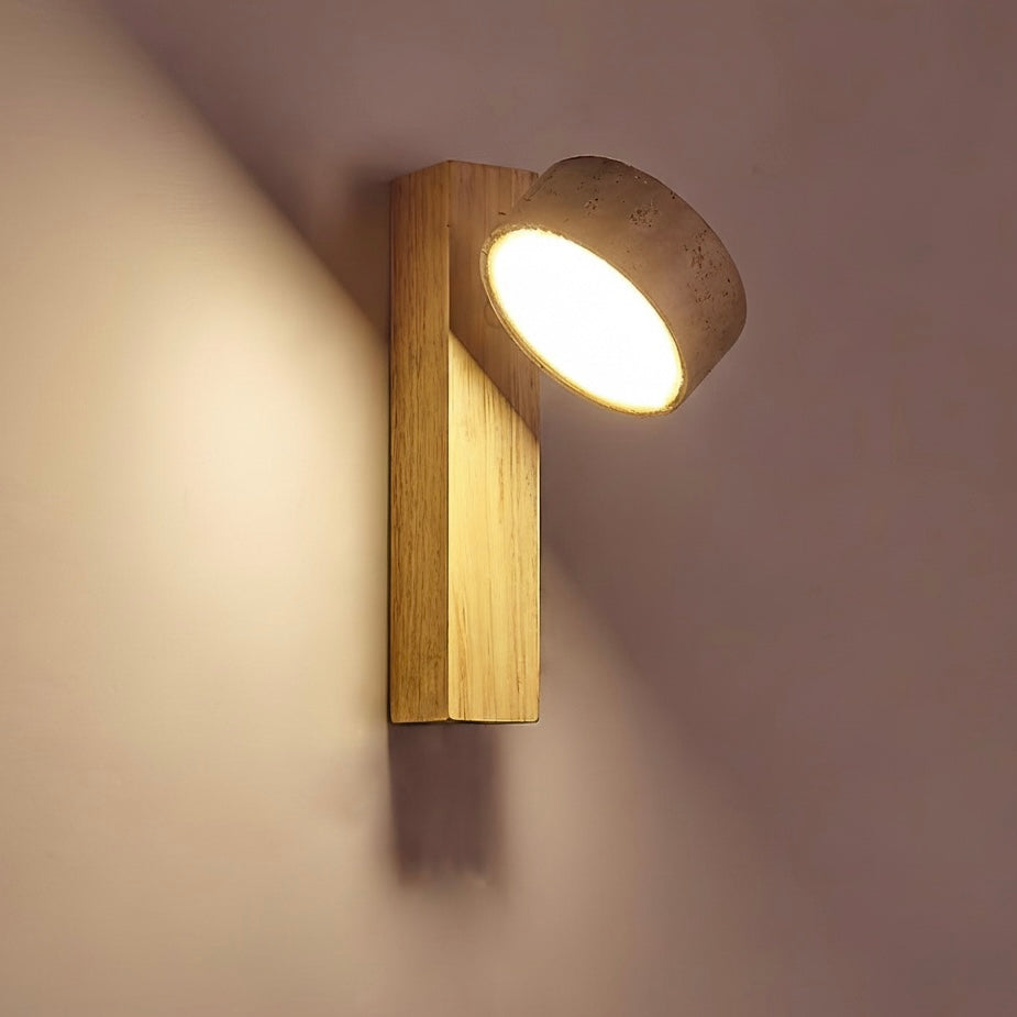 TravertineGlow indoor wall sconce featuring natural travertine stone and angled wooden beam.
