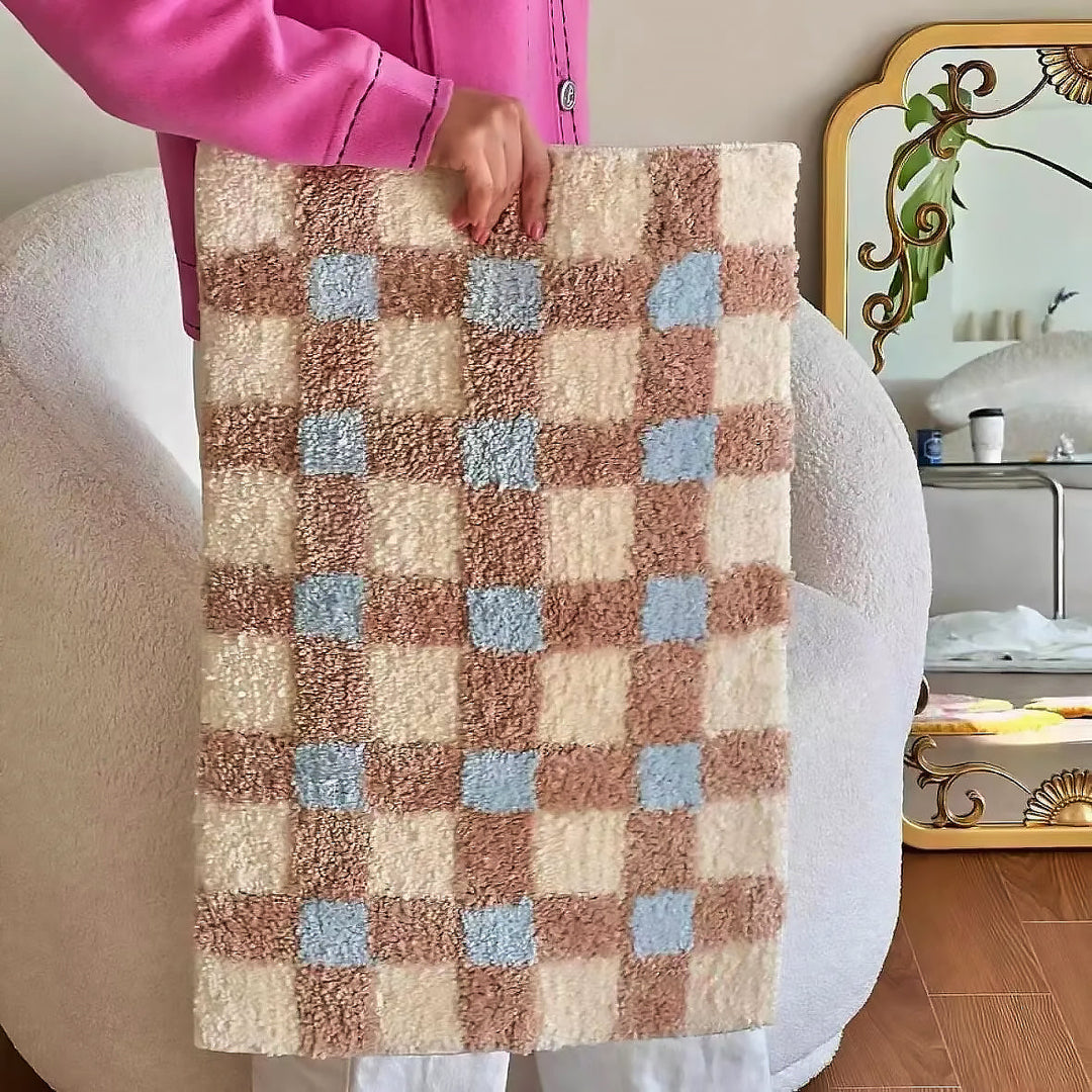 Two-Tone Grid Rug Polyester | Non-Slip TPR Base | Machine Washable Checkered Floor Mat for Living Room, Bedroom, Hallway