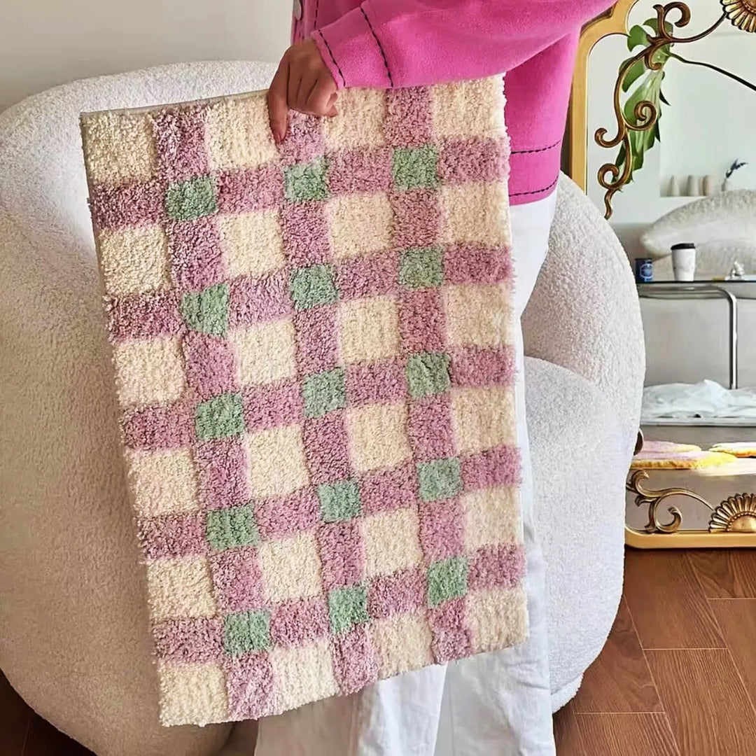 Two-Tone Grid Rug Polyester | Non-Slip TPR Base | Machine Washable Checkered Floor Mat for Living Room, Bedroom, Hallway