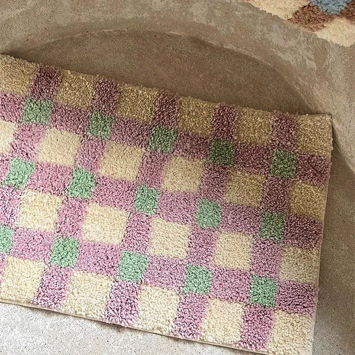 Two-Tone Grid Rug Polyester | Non-Slip TPR Base | Machine Washable Checkered Floor Mat for Living Room, Bedroom, Hallway