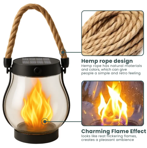 USB Rechargeable Rope Lantern, ABS Body | Hemp Rope Carry Handle, Grey | Light-Sensing Auto On/Off