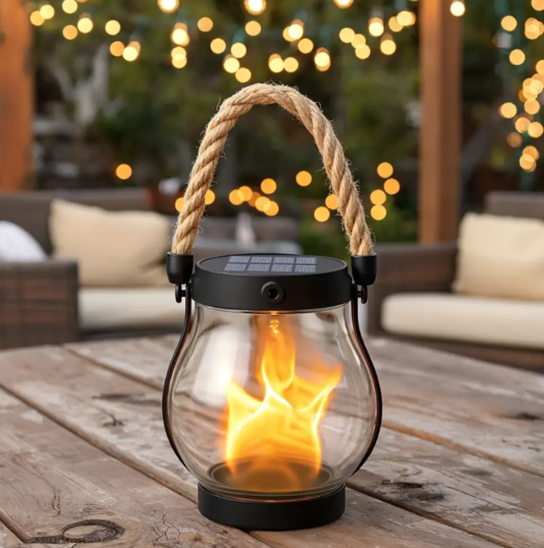 USB Rechargeable Rope Lantern, ABS Body | Hemp Rope Carry Handle, Grey | Light-Sensing Auto On/Off