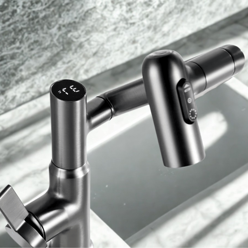 360° Rotating Kitchen Tap Stainless Steel | Height Adjustable Spout with Temperature Indicator | Splash-Free Chrome Finish 4