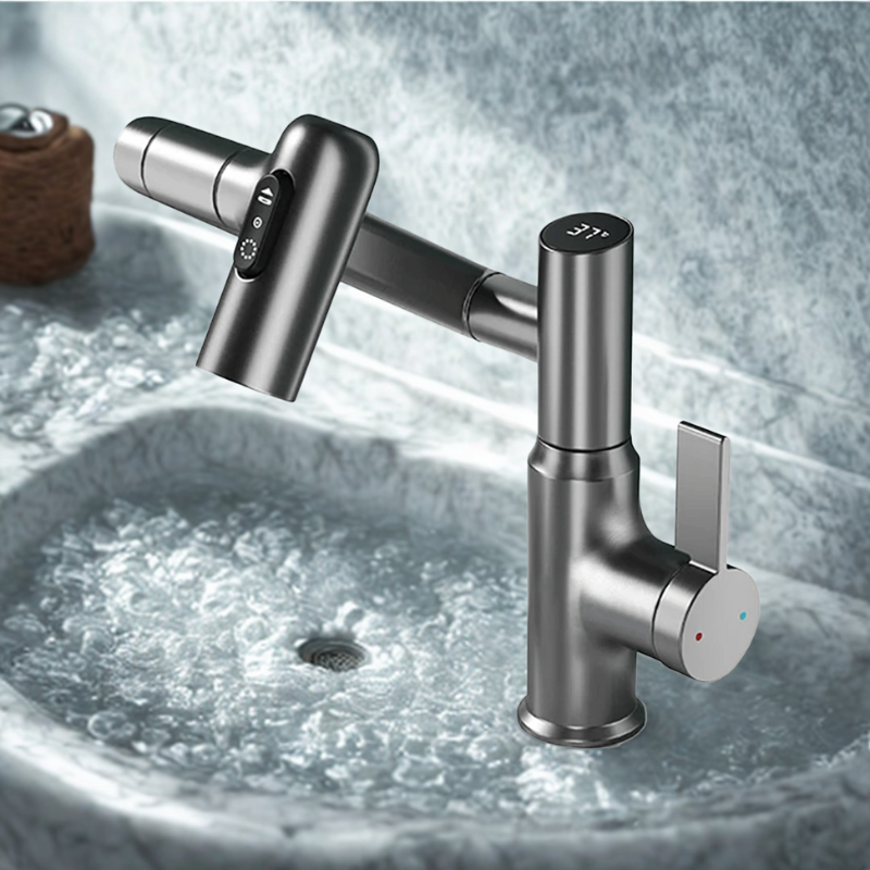 360° Rotating Kitchen Tap Stainless Steel | Height Adjustable Spout with Temperature Indicator | Splash-Free Chrome Finish 1