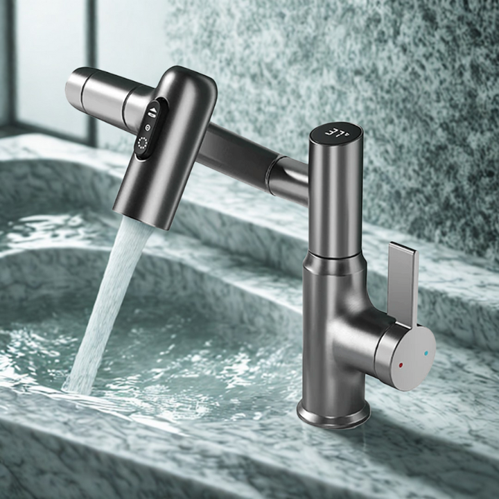 360° Rotating Kitchen Tap Stainless Steel | Height Adjustable Spout with Temperature Indicator | Splash-Free Chrome Finish 6