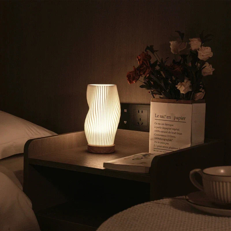 Wave Shade Table Lamp Metal &amp; Wood Base 20.5–30 cm | 3-Step Dimmable, USB-Powered | Warm &amp; Natural White Light 11