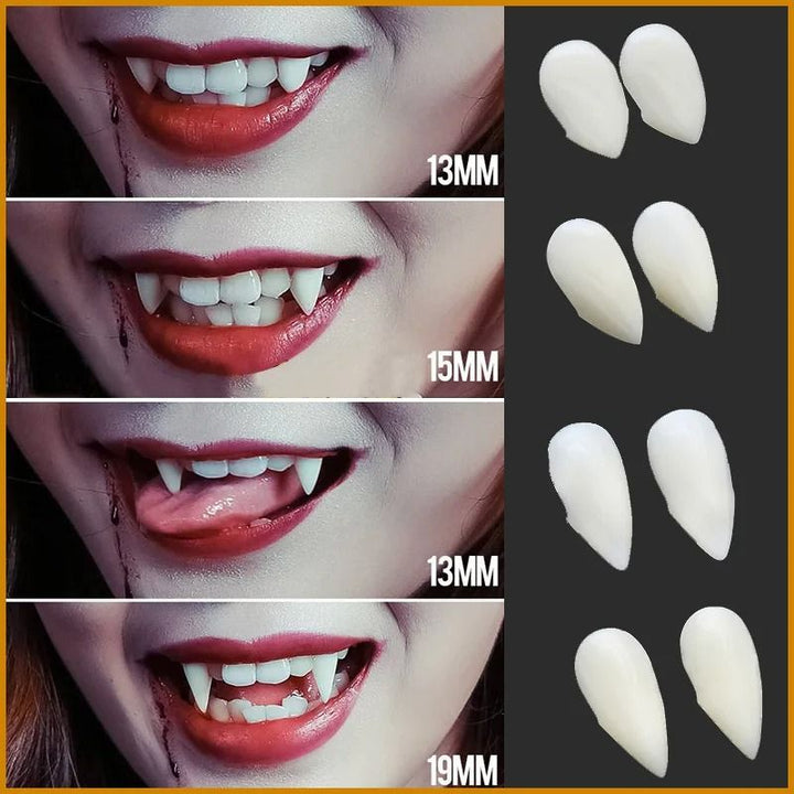 Vampire Fangs Halloween Costume Teeth | 5 Reusable Resin Pairs with Adhesive | Fits Multiple Characters &amp; Group Use