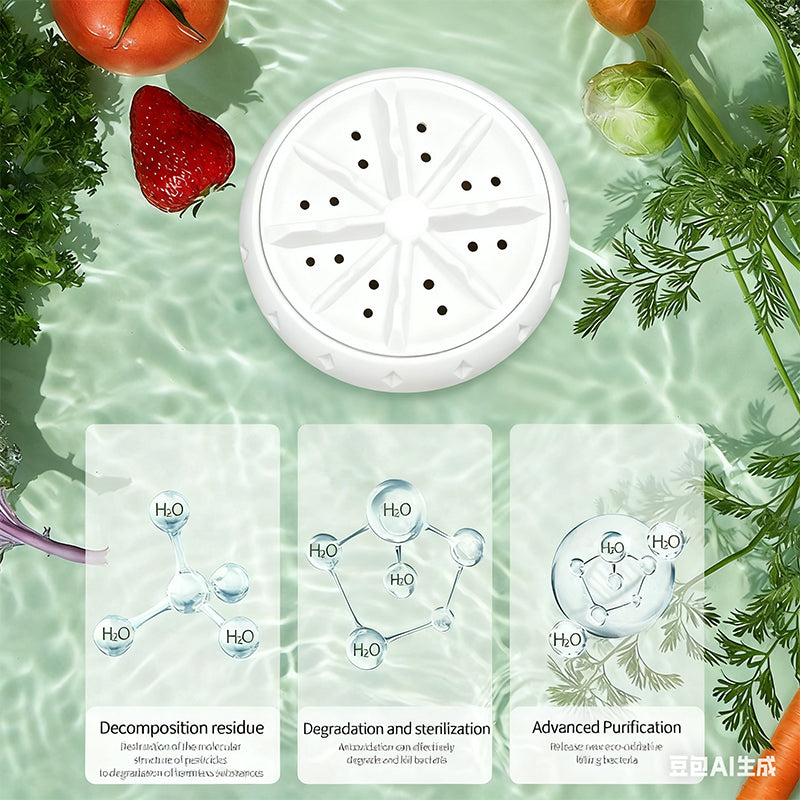 Vegetable Washer with Vortex Water Technology | USB-Powered 5V/2A | Waterproof Compact 10 x 7 cm, Fits Any Kitchen Drawer