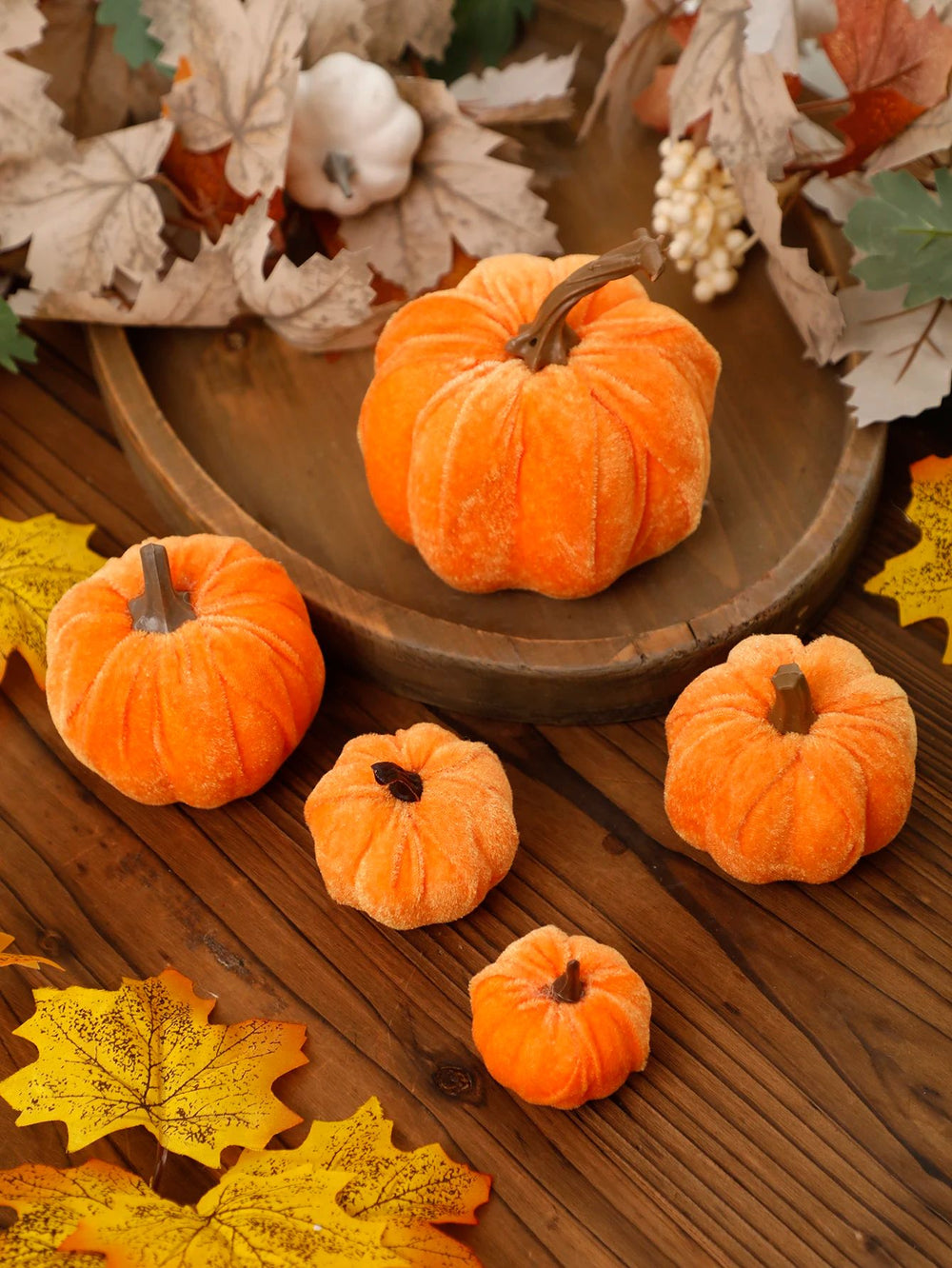 Velvet Artificial Pumpkin Fall Decor | Plush Texture with Decorative Stem | Reusable Tabletop Ornament for Autumn Display