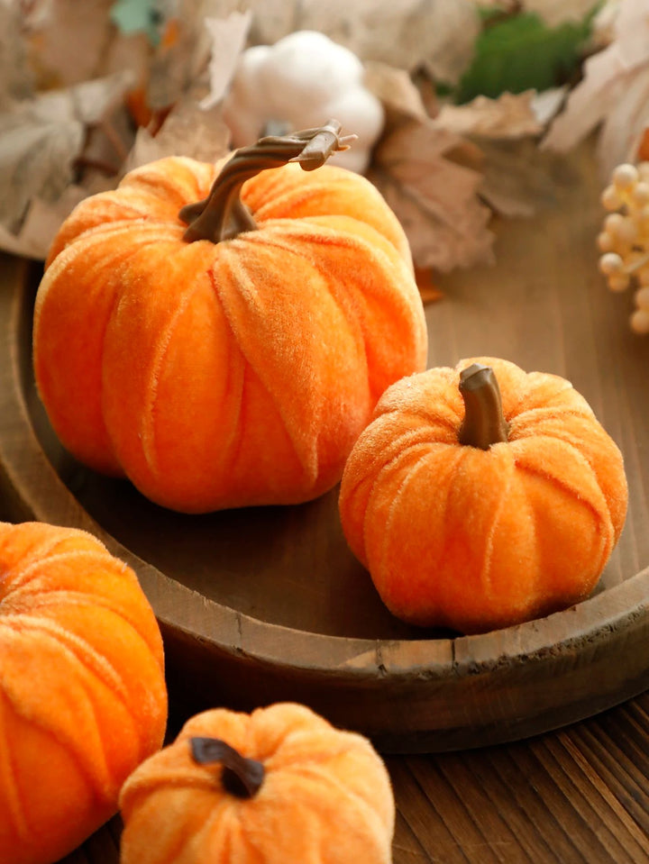 Velvet Artificial Pumpkin Fall Decor | Plush Texture with Decorative Stem | Reusable Tabletop Ornament for Autumn Display