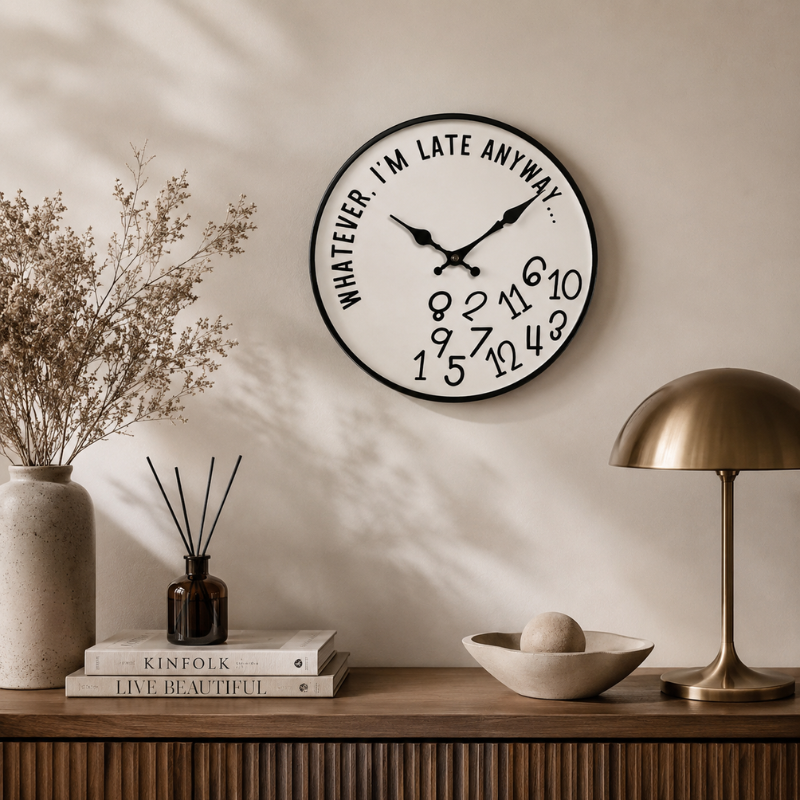 Wall Clock | Fallen Jumbled Numbers, Curved Slogan Face