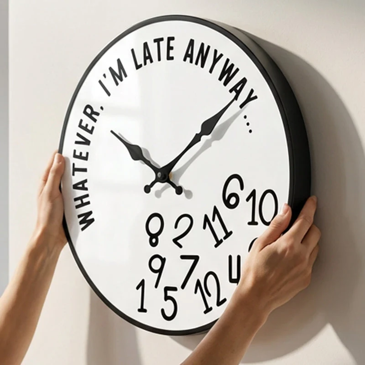 Wall Clock | Fallen Jumbled Numbers, Curved Slogan Face