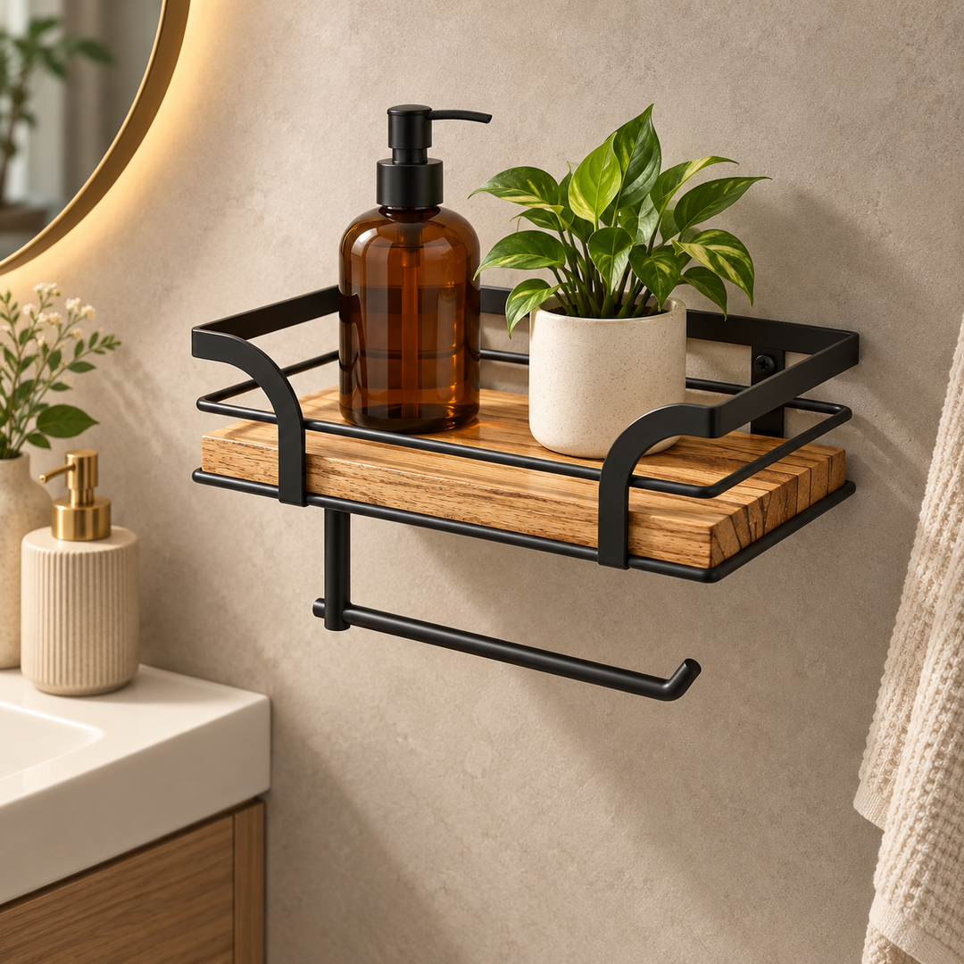 Wall Mounted Bathroom Shelf Iron and Wood | Over-Toilet Towel Rack Storage | Space-Saving Decorative Design for Home