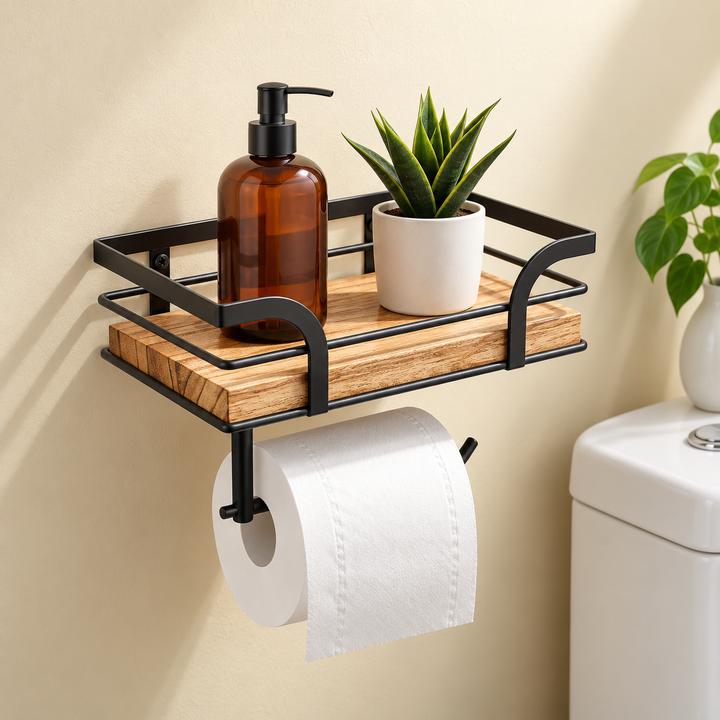 Wall Mounted Bathroom Shelf Iron and Wood | Over-Toilet Towel Rack Storage | Space-Saving Decorative Design for Home