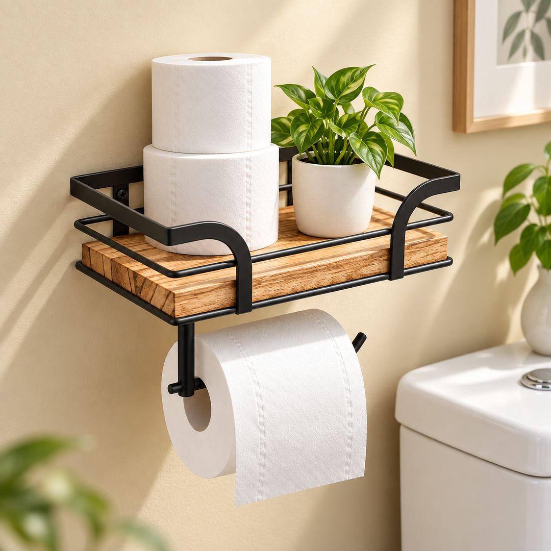 Wall Mounted Bathroom Shelf Iron and Wood | Over-Toilet Towel Rack Storage | Space-Saving Decorative Design for Home