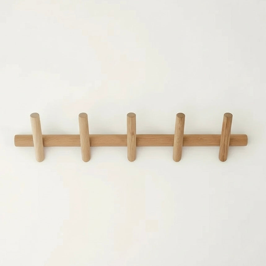 Wall-Mounted Oak Coat & Hat Rack (5 Hooks)