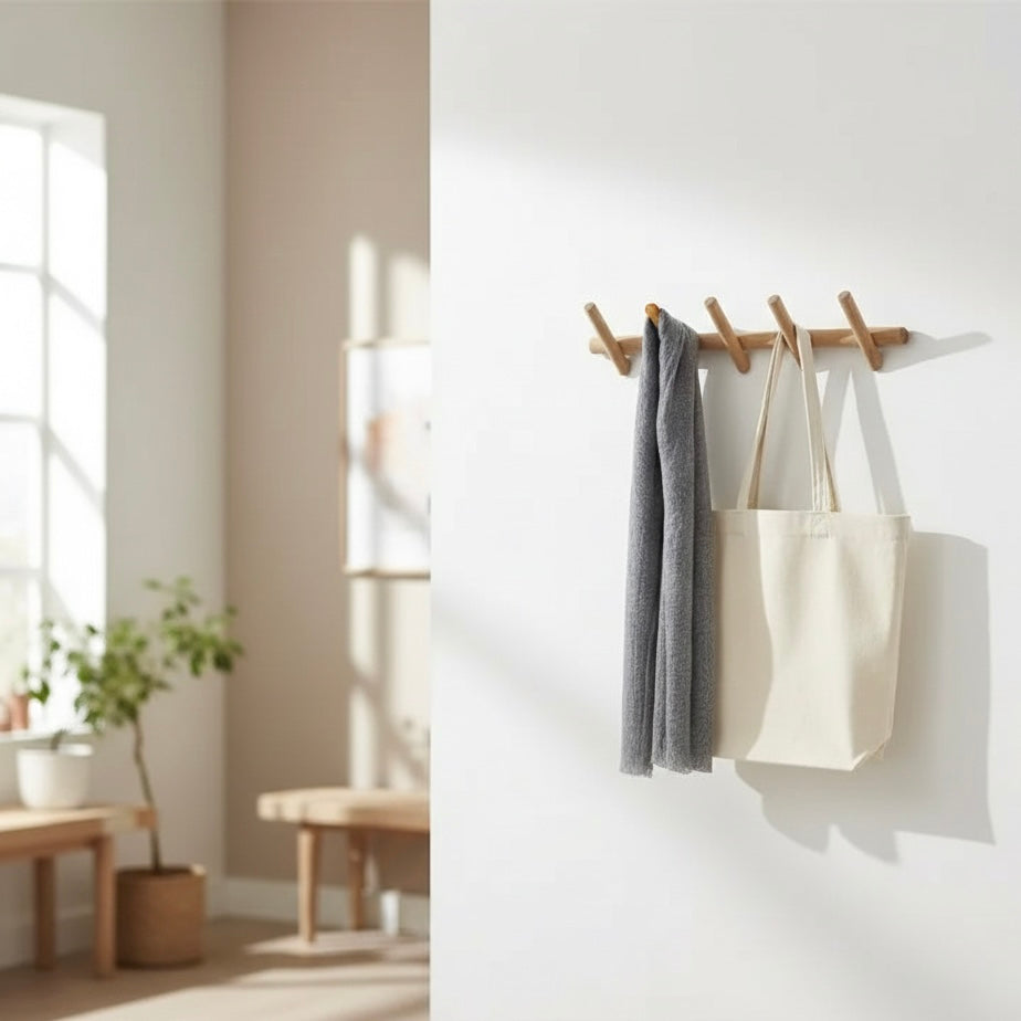 Wall-Mounted Oak Coat &amp; Hat Rack (5 Hooks)