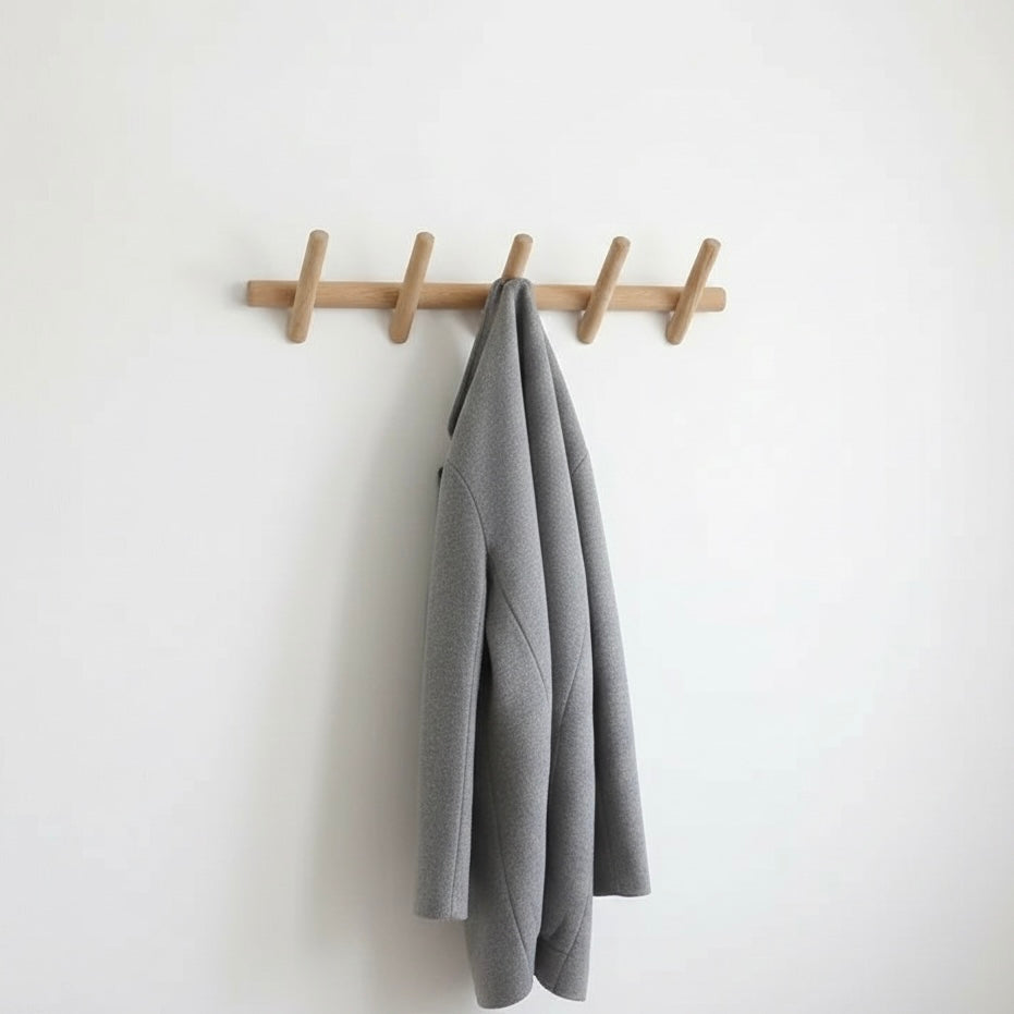 Wall-Mounted Oak Coat & Hat Rack (5 Hooks)
