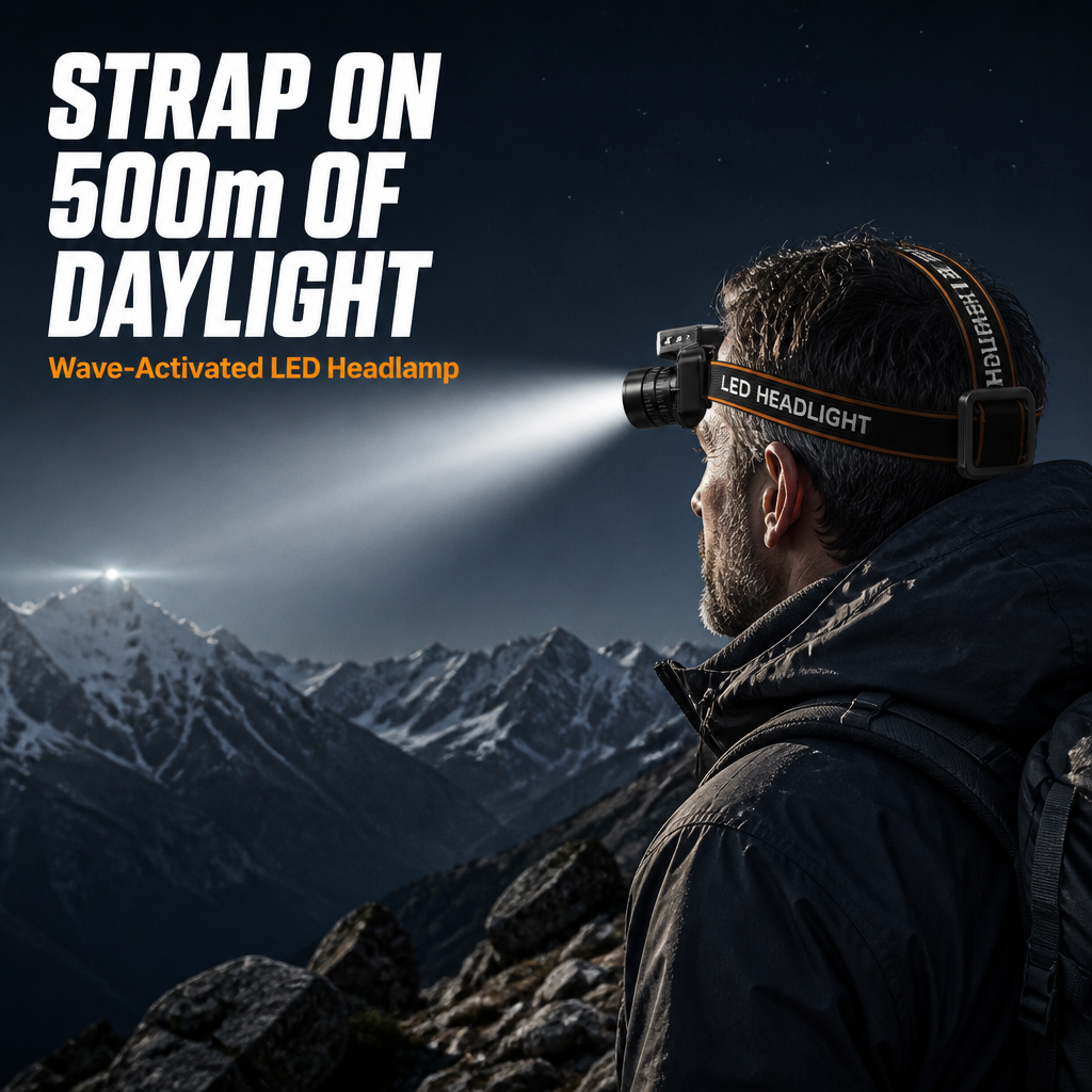 Wave Sensor LED Headlamp | 500 m Zoom Beam, Hands-Free Motion Control | Rechargeable Type-C Powerbank, 12-Hour Runtime
