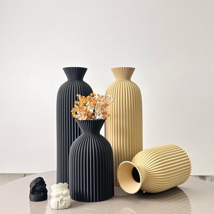 Wavy Pattern Dry Flower Vase Set of Two | Sculptural Wave Design, No Water Needed | Home, Office and Desktop Decor