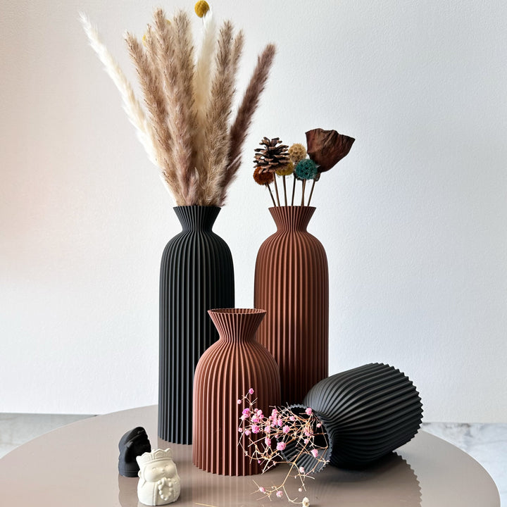 Wavy Pattern Dry Flower Vase Set of Two | Sculptural Wave Design, No Water Needed | Home, Office and Desktop Decor