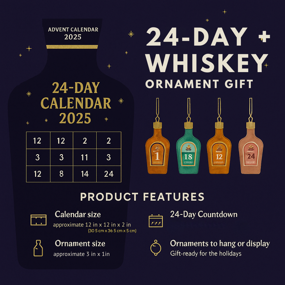Whiskey Style Advent Calendar | 24 Collectible Mini Bottle Ornaments | Non-Alcoholic Reusable Holiday Countdown Decor