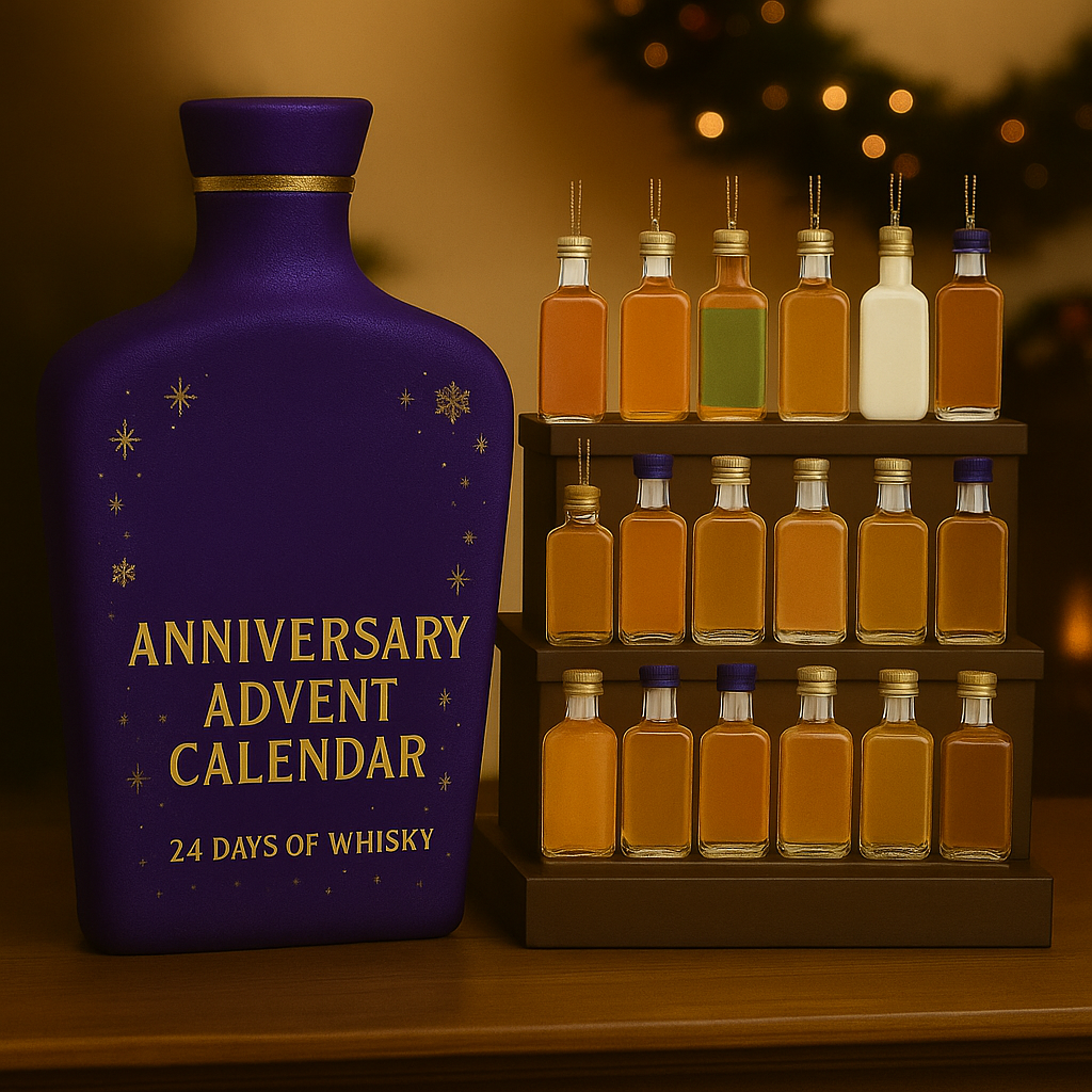Whiskey Style Advent Calendar | 24 Collectible Mini Bottle Ornaments | Non-Alcoholic Reusable Holiday Countdown Decor