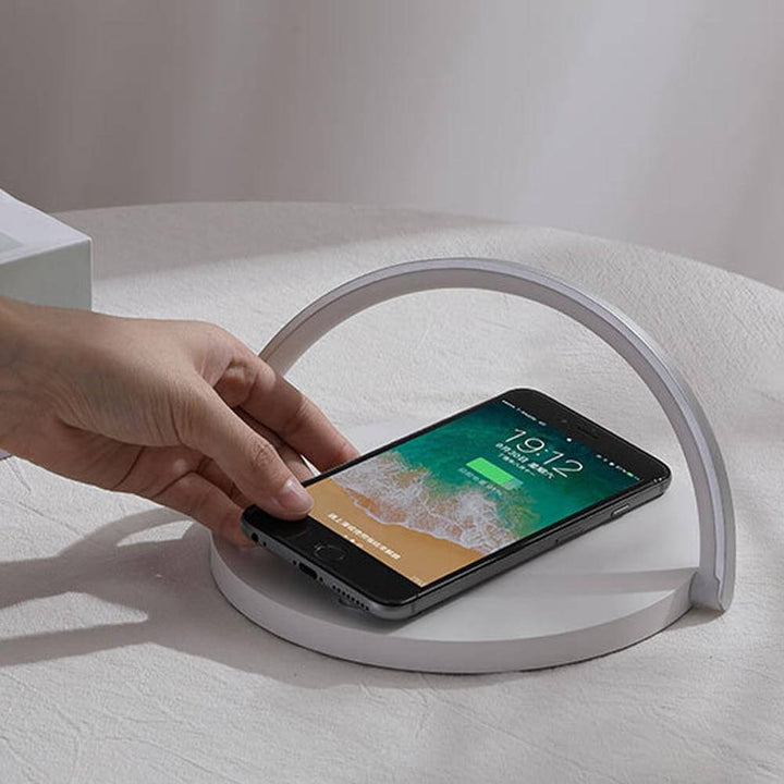 Wireless Charger Lamp 10W | Touch-Dimmable LED Night Light &amp; Phone Stand | Wood Grain or White, No-Flicker Design