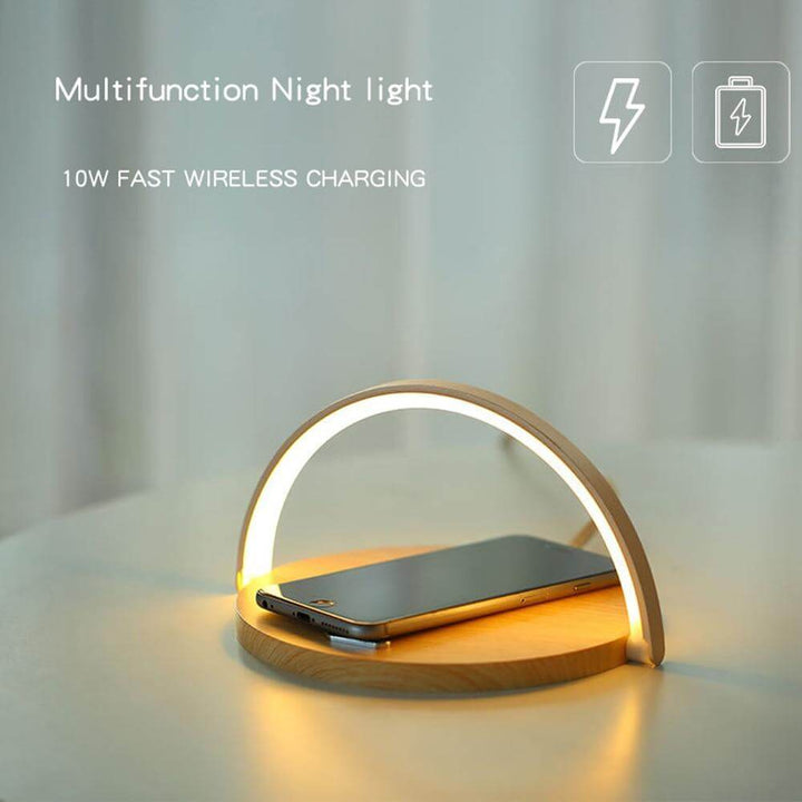 Wireless Charger Lamp 10W | Touch-Dimmable LED Night Light &amp; Phone Stand | Wood Grain or White, No-Flicker Design